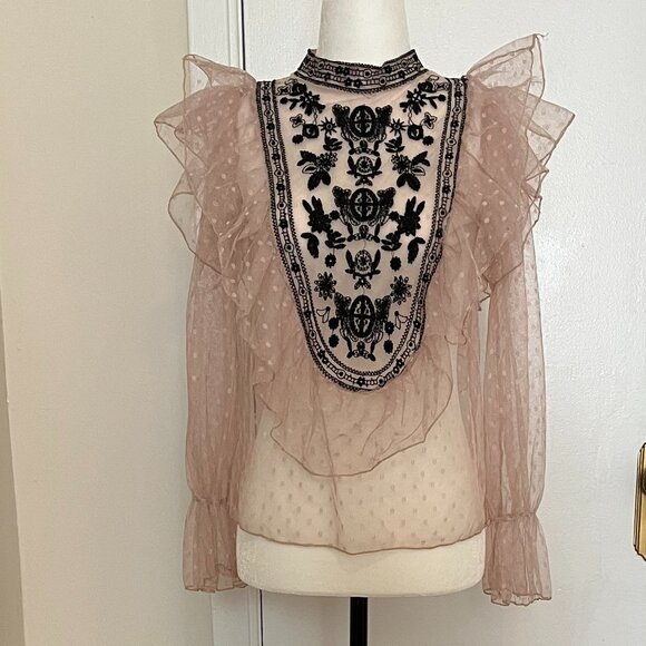 Romantic Sheer Ruffle Blouse with Embroidered Detail - Picture 2 of 9
